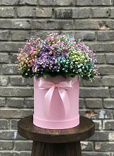 Цветочная композиция из Гипсофила и Розы в шляпной коробке в Светлом