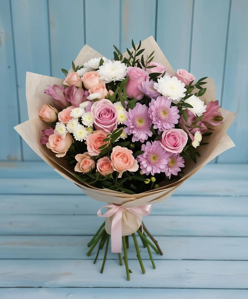 Букет цветов из: Хризантемы, Розы и Альстромерии в Светлом