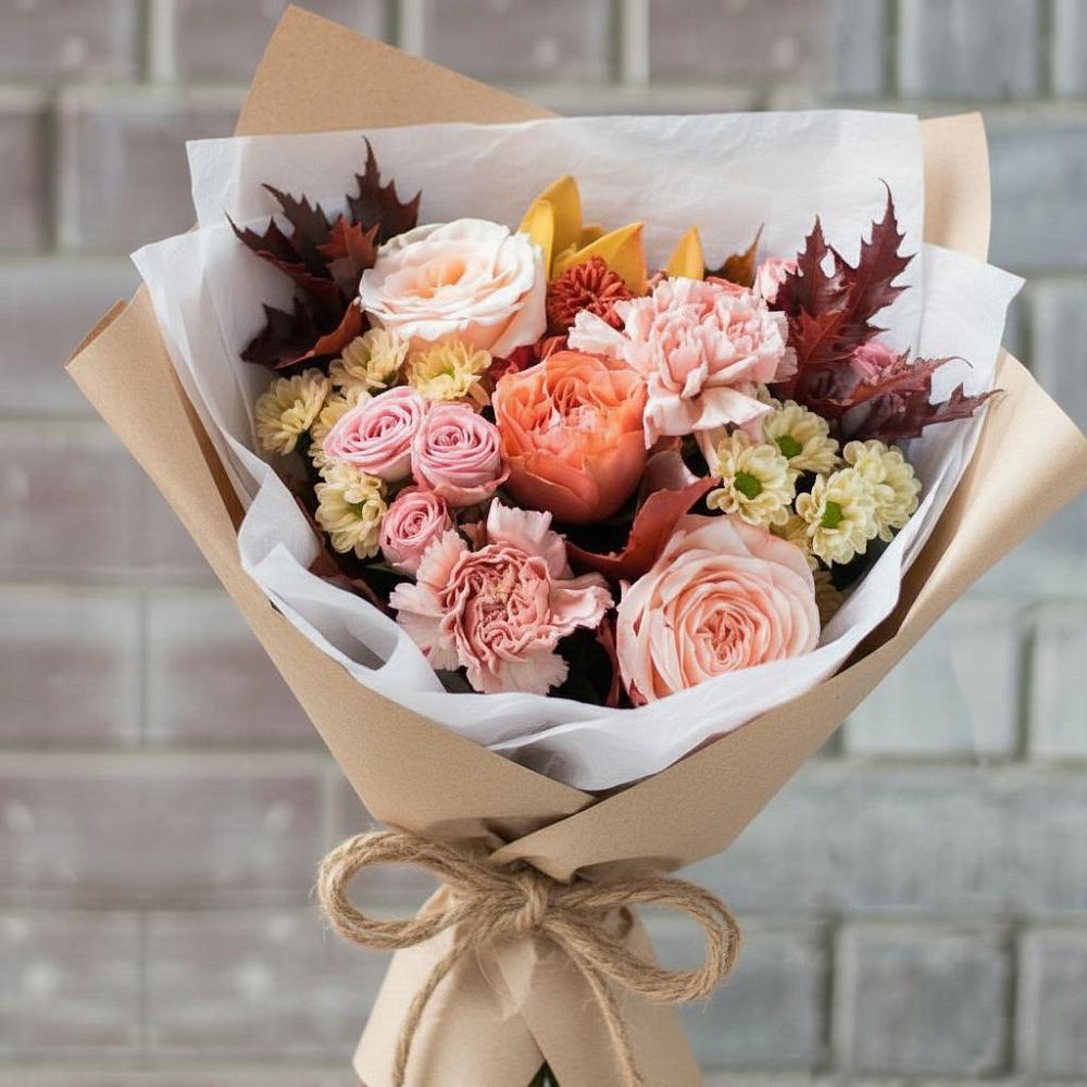 Букет цветов из: Гвоздики, Хризантемы и Розы в Светлом