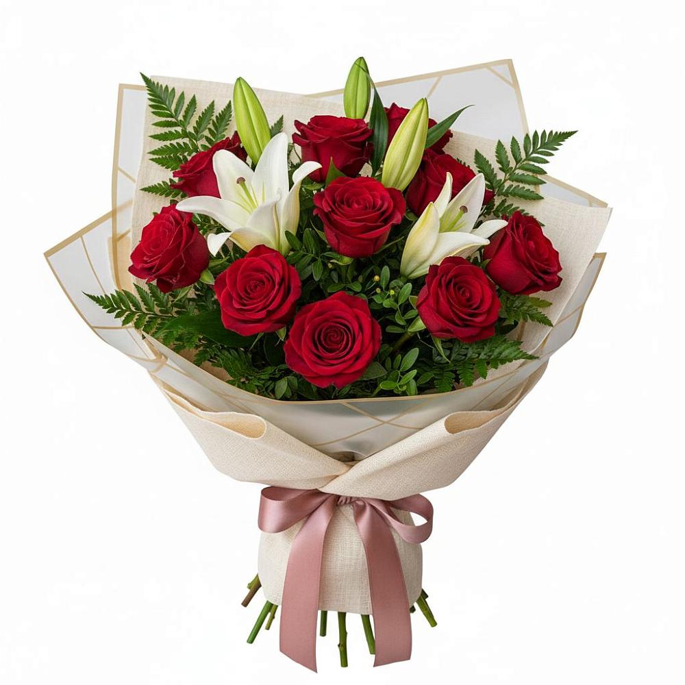 Букет цветов из: Лилии и Розы в Светлом