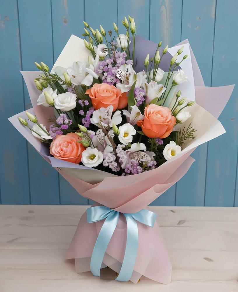 Букет цветов из: Лизиантусы, Розы, Альстромерии и Гипсофила в Светлом