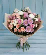 Букет цветов из:  Хризантемы, Розы и Альстромерии в Светлом