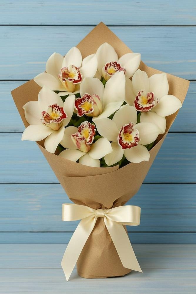 Букет цветов из: Орхидеи и Розы в Светлом